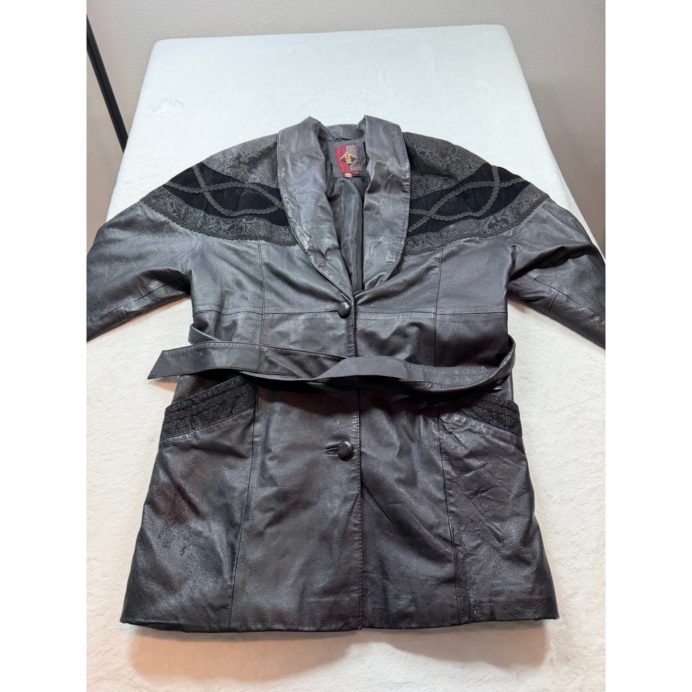 G-III Leather Trench Coat Women L Black Good Paisley Embossed Velvet Trim Belted